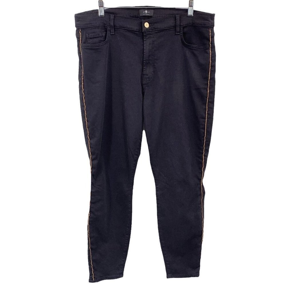 7FAMK The Ankle Skinny Black Jeans Gold Chain Trim Size 33